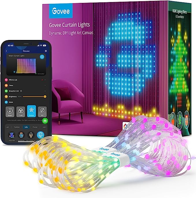 Govee Curtain Lights, Smart WiFi LED Curtain Lights, 520 RGBIC LEDs Christmas Lights, Dynamic DIY Lights, Outdoor IP65 Waterproof, 5 x 6.6ft, Color Changing Curtain String Lights for Backdrop Bedroom