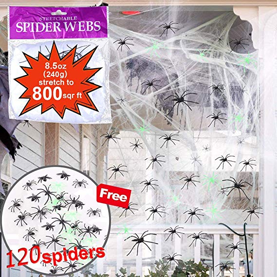 Halloween Super Stretch Spider Web (800 Square Feet) Spider Webbing Spooky Cobwebs with 120 Fake Spiders Halloween Haunted House Indoor & Outdoor Decorations