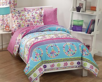 Dream Factory Peace And Love Peace Signs Girls Comforter Set, Multi-Colored, Twin