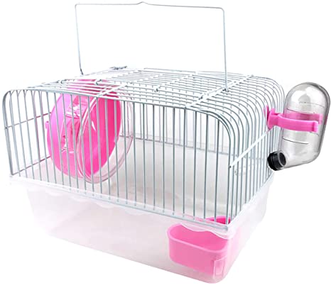Portable Travel Cage for Small Animals, Dwarf Hamster Travel Carrier with Transparent Base, Exercise Wheel Kettle Food Dish Included, 9 x 6.7 x 5.9 Inch (Pink)