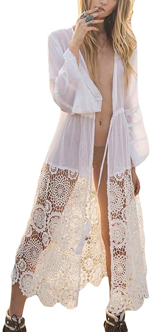 Bsubseach Women Sexy Lace Crochet Open Front Swimsuit Beach Long Kimono Cover Ups