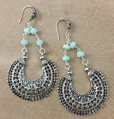 A pair of Artist Hand Linked Sky Blue Chalcedony Gemstone and Sterling Silver Tribal Fan Earrings