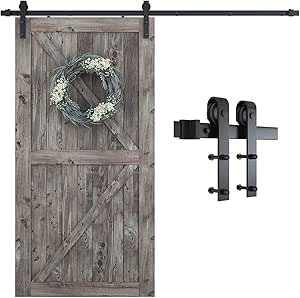 SMARTSTANDARD 7FT Sliding Barn Door Hardware Kit, Heavy Duty Track-Smoothly and Quietly-includes Detailed Installation Instruction Fit 42" Wide Doorpanel (J Shape Hanger) Black