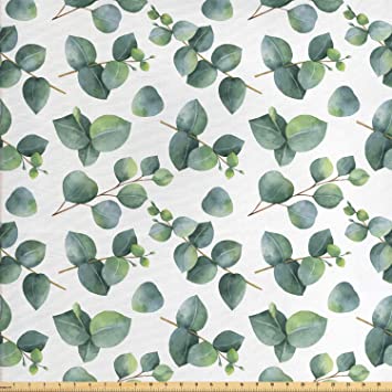 Ambesonne Leaf Fabric by The Yard, Watercolor Style Pattern with Dollar Eucalyptus Leaves and Branches, Decorative Fabric for Upholstery and Home Accents, 1 Yard, Brown White