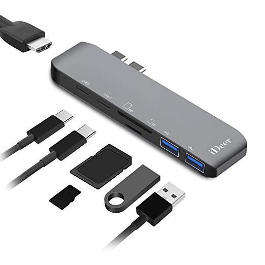 USB C Hub,iDeer Type C Hub 7 In 1 Multi-Ports USB C Hub Adapter with 4k HDMI,40Gbps Thunderbolt 3,USB C Charging Port,USB C 3.0 Port,Two USB 3.0,SD/TF Card Reader for Macbook Pro 2016/2017.Aluminum