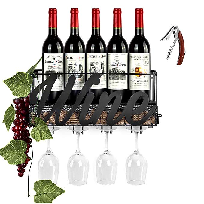 CSmile Iron Wine Rack Wall Mounted Black Wine Glass Rack Wine Cork Holder Gifts Come with Wine Opener