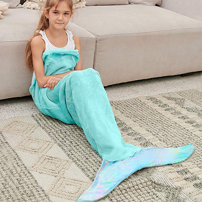 Bonzy Home Kids Mermaid Tail Blanket for Girls, Plush Soft Flannel Fleece All Seasons Sleeping Blanket Bag for Children (Mint)