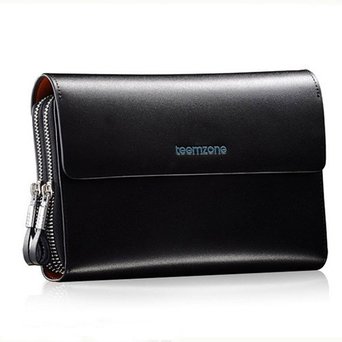 Mens Genuine Leather Zipper Wallet Handbag Organizer Checkbook Purse with Wrist Strap