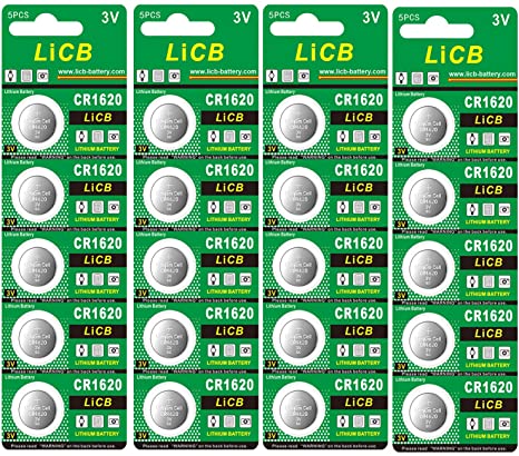 LiCB 20 Pack CR 1620 Batteries, Long-Lasting & High Capacity CR1620 Lithium Battery,3 Volt CR1620 Coin & Button Cell for Car Remote & Key Fob