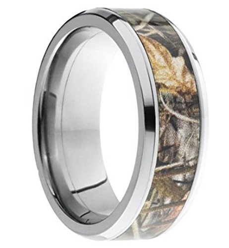 King Will 8mm Camouflage Hunting Mens Tungsten Ring Camo Polished Wedding Band Trees Leaves