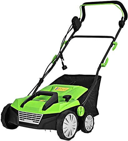 Goplus 2-in-1 Corded Lawn Dethatcher with 4 Cutting Heights, 15-Inch 13 Amp Electric Scarifier w/ 50L Collection Bag, 2 Removable Blades