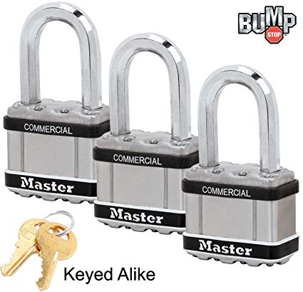 Master Lock Magnum Padlock - 2"W x 1-1/2"L Shackle, Three (3) Keyed Alike Locks M5NKASTSLF-3 w/BumpStop Technology