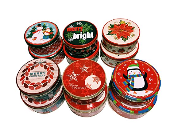 Christmas Holiday Cookie Round Tins for Baked Goodies Treats Gift Boxes Nested 2pc Set