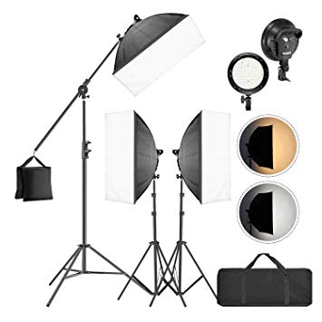 Neewer 3 Packs LED Softbox Lighting Kit: 20x27 inches Softbox, 45W Dimmable LED Light Head with 2 Color Temperature, Light Stand, Boom Arm and Sandbag for Photo Studio Portrait Video Shooting