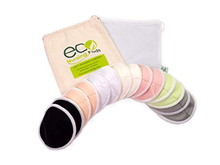 Contoured Washable Reusable Bamboo Nursing Pads | Organic Bamboo Breastfeeding Pads | Large (12cm) | 14 Pack with 2 BONUS Pouches & FREE E-Book by EcoNursingPads | Perfect Baby Shower Gift