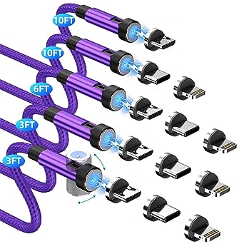 Magnetic Charging Cable [5-Pack,3/3/6/10/10FT] 3 in 1 Magnetic Phone Charger 360°&180° Rotating Magnetic Charger Cable with LED Light Nylon Braided Cord for Micro-USB/USB C and i-Product Device-Purple