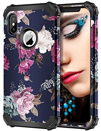 iPhone X Case iPhone 10 Case,HoneyAKE Heavy duty Protection Shockproof Military Silicone Bumper Flowers floral Shell case Armor High Impact Resistant Protective Cover Case for iPhone X