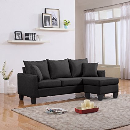 Modern Linen Fabric Small Space Sectional Sofa with Reversible Chaise (Dark Grey)