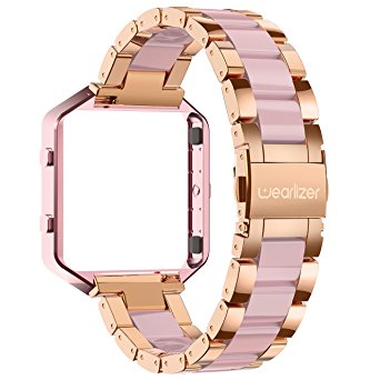 For Fitbit Blaze Band Rose Gold, Wearlizer Stainless Steel Metal Wristband Replacement Bands with Frame, Resin Bracelet Straps for Fitbit Blaze, Christmas Gift - Rose Gold   Pink