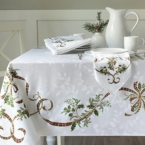 Benson Mills Merry Ribbons Engineered Printed Jacquard Fabric Christmas Table Cloth, Elegant Christmas Tablecloth for All Holiday and Winter (60" x 84" Rectangular)