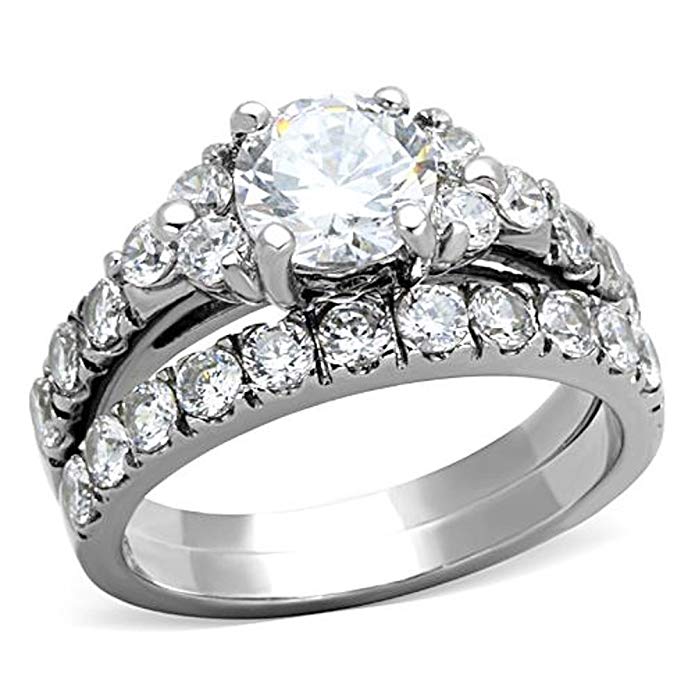2.50 Ct Round Cut CZ Silver Stainless Steel Wedding Ring Set Women's Size 5-10