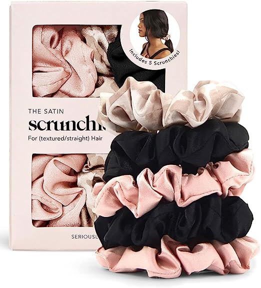 Kitsch Satin Scrunchies, Softer than Silk, Hair Scrunchies for Frizz Prevention - 5 Pack (Blush & Black)