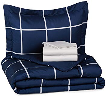 AmazonBasics 5-Piece Bed-In-A-Bag - Twin/Twin Extra-Long, Navy Simple Plaid, 4-Pack