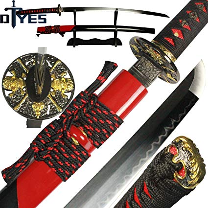 DTYES Full Handmade Japanese Samurai Katana Sword, Functional, Hand Forged, 1060/1095/T10 Carbon Steel/Damascus Folded Steel, Heat Tempered/Clay Tempered, Full Tang, Sharp, Wooden Scabbard