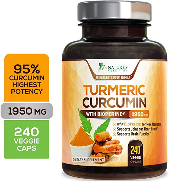 Turmeric Curcumin Highest Potency 95% Standardized Curcuminoids 1950mg with Bioperine for Best Absorption, Made in USA, Best Vegan Joint Pain Relief Turmeric Pills by Natures Nutrition - 240 Capsules