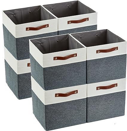 DECOMOMO Cube Storage Bins | Fabric Storage Cubes Closet Organizer Cubby Bins for Shelves Cloth Nursery Decorative Basket with Handles (Slate Grey and White, 13 x 13 x 13 inch 8/Pack)