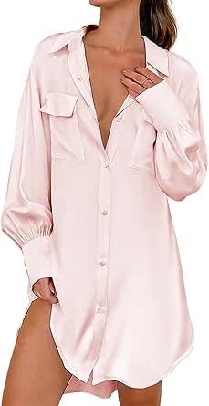 Ekouaer Women Satin Sleep Shirt Long Sleeve Nightgown Button Down Nightshirt Silk Sleepwear Soft Pajama Dress Sleep Dress