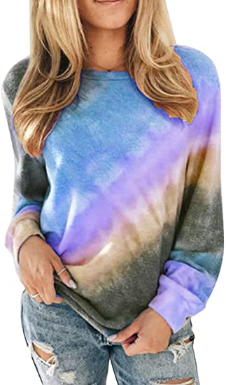 FARYSAYS Women's Casual Color Block Tie Dye Crewneck Long Sleeve Loose Pullover Sweatshirt Tops