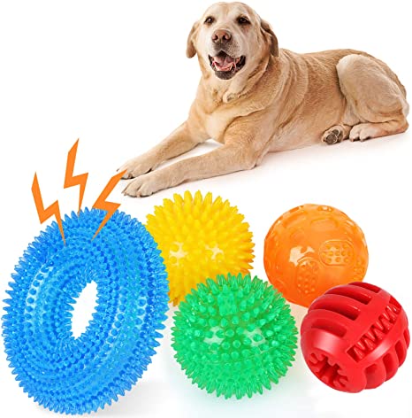 ENIBON Squeaky Dog Toy Balls 5 Pack, Interactive Chew Teething Ball Toys TPR with High Bounce Squeaker, Rubber Puzzle Fetching Toys Bite Resistant Game IQ Training Ball, for Small Medium Large Dogs