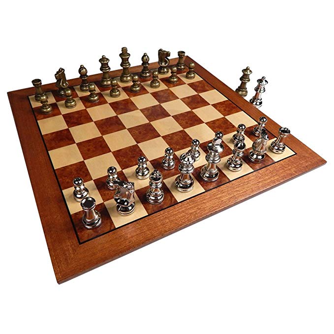 Hayes Inlaid Maple, Mahogany, and Sapele Wood Chess Board with 2.5 Inch Metal Pieces and Extra Queens – 15 Inch Set (Large)