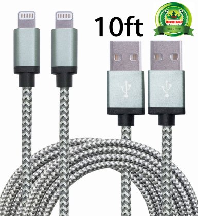 E-COMMERCE 2pcs 10ft Lightning Cable Nylon Braided Charging Cable Extra Long USB Cord for iphone 6s6s plus6plus65s 5c 5iPad Mini AiriPad5iPod 7on iOS9Grey and Silver
