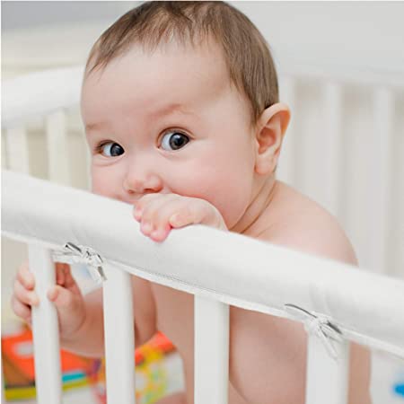 EXQ Home 3-Piece Baby Crib Rail Cover Set for 1 Front Rail and 2 Side Rails,Safe Kids Padded Crib Rail Protector from Chewing for Standard Cribs,Soft Batting Inner for Baby Teething Guard(Ivory)