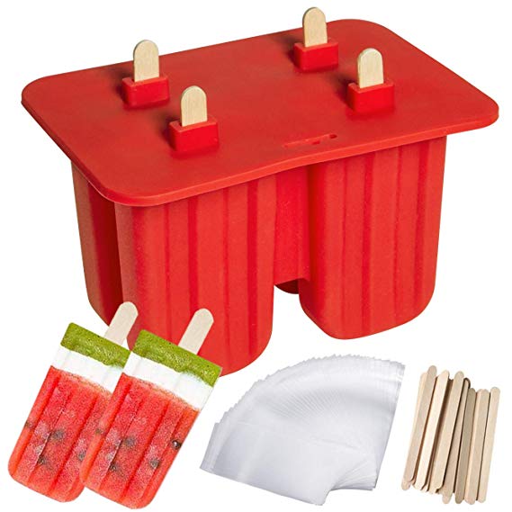 Popsicle Molds, Ouddy 4 Cavity Silicone Homemade Ice Pop Molds with 50 Popsicle Sticks & 50 Popsicle Bags