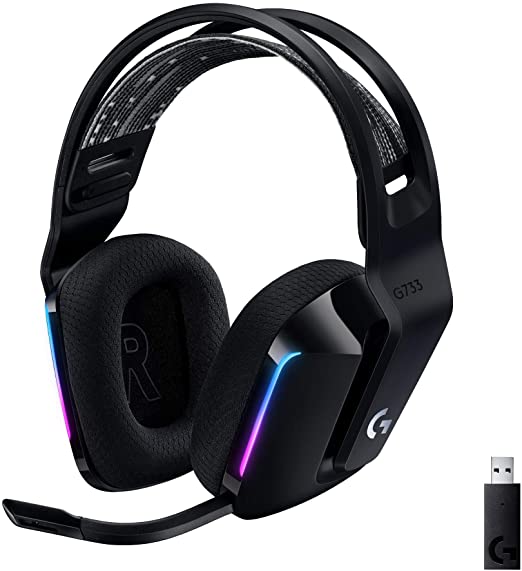 Logitech G733 Lightspeed Wireless Gaming Headset with Suspension Headband, LIGHTSYNC RGB, Blue VO!CE mic Technology and PRO-G Audio Drivers - Black