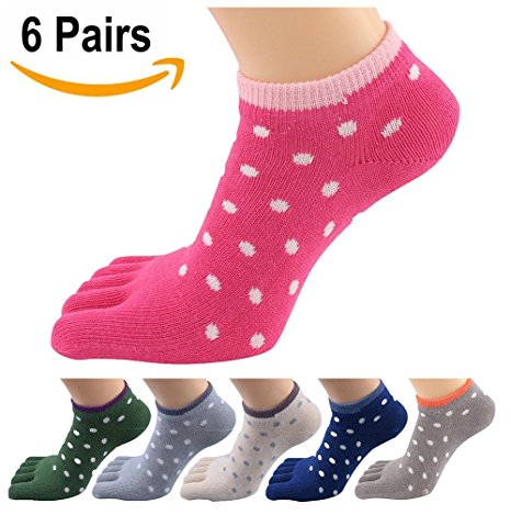 HONOW Women's Low Cut Toe Socks Ankle Cotton Dots Running (Pack of 6)