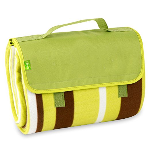 Yodo Large Water-Resistant Outdoor Picnic Blanket Tote with Soft Fleece,Spring Summer Green Stripe