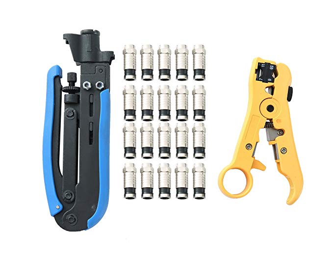 FLK Tech Compression Tool Coax Cable Crimping Kit with 20 F Compression Connectors - Blue