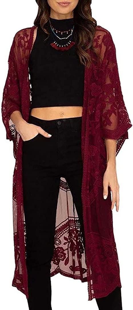 Bsubseach Women Sexy Open Front Beach Cover Up See Through Kimono Cardigan