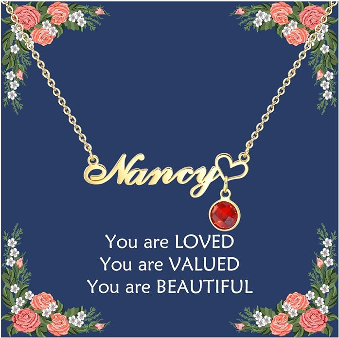 VNOX Name Necklace Personalized for Women - Custom Letter Initial Birthstone Pendant Silver Gold Plated Stainless Steel Heart Chain Necklaces for Teen Girls Teenage Customized Birthday Day Gifts