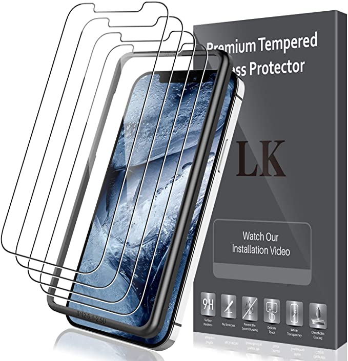 LK [4 Pack] Screen Protector for iPhone 12 Pro (6.1") Tempered Glass HD Clear (Easy Frame Installation) Anti-Scratch, Case Friendly