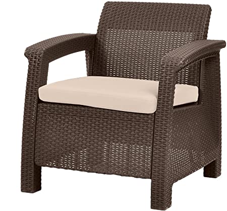 Keter Chair for Outdoor Seating with Washable Cushion - Perfect for Balcony, Deck, and Poolside Furniture Sets, 31 x 27, Brown