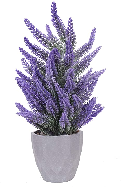 YAPA Potted Lavender Artificial Plant - Lavender Faux Flowering Plant with Gray Ceramic Vase for Home, Party & Wedding Décor (12 inch Purple-Green)