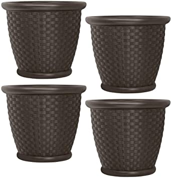 Suncast Sonora 18 Inch Resin Wicker Decorative Flower Planter, Brown (4 Pack)