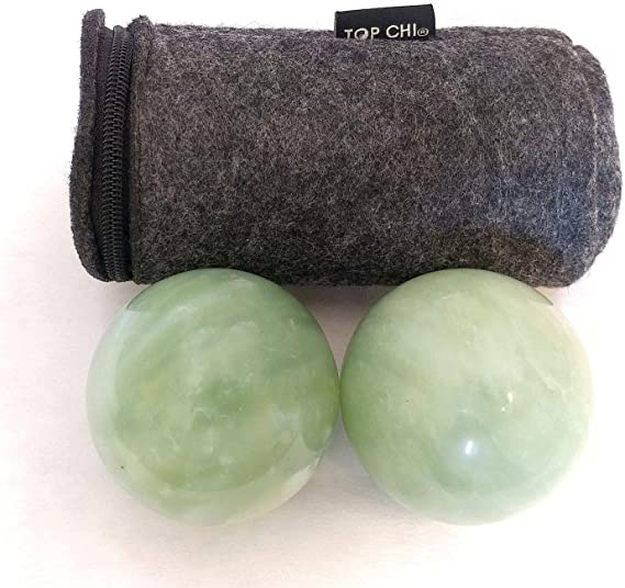 Top Chi Green Jade Baoding Balls with Carry Pouch for Hand Therapy, Exercise, and Stress Relief (Medium 1.6 Inch)