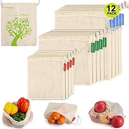 Reusable Produce Bags 12PCS, Organic Cotton Produce Bags Grocery Shopping Storage Bags with Tare Weight on Tags, Biodegradable, Machine Washable Bags Set of 12 (4 X Small, 4 X Medium, 4 X Large)