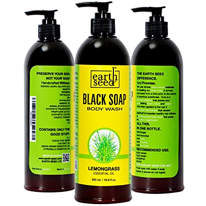 African Black Soap Infused with Lemongrass Essential Oils, by Earth Seed – For Body Wash, Face Wash, Shampoo – Alleviates Acne, Eczema, Psoriasis – SLS-Free, Sulfate-Free, Parabens-Free – 500 mL